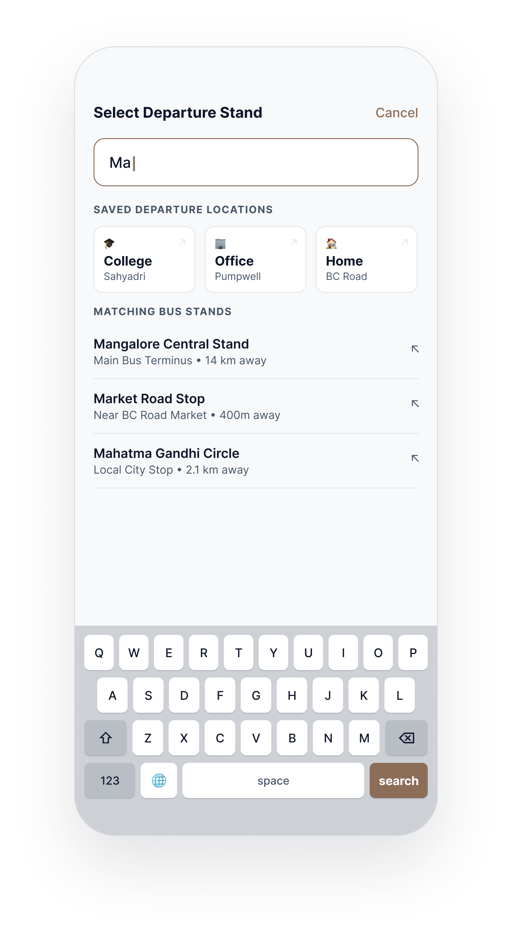 Select departure stand screen